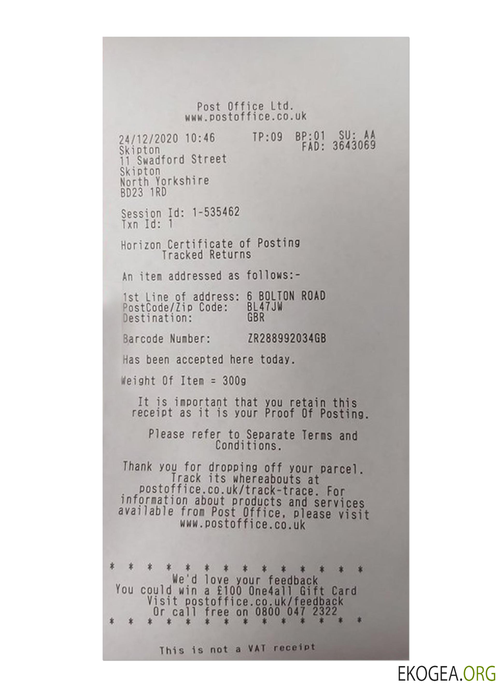 Reçu de paiement POST OFFICE LTD